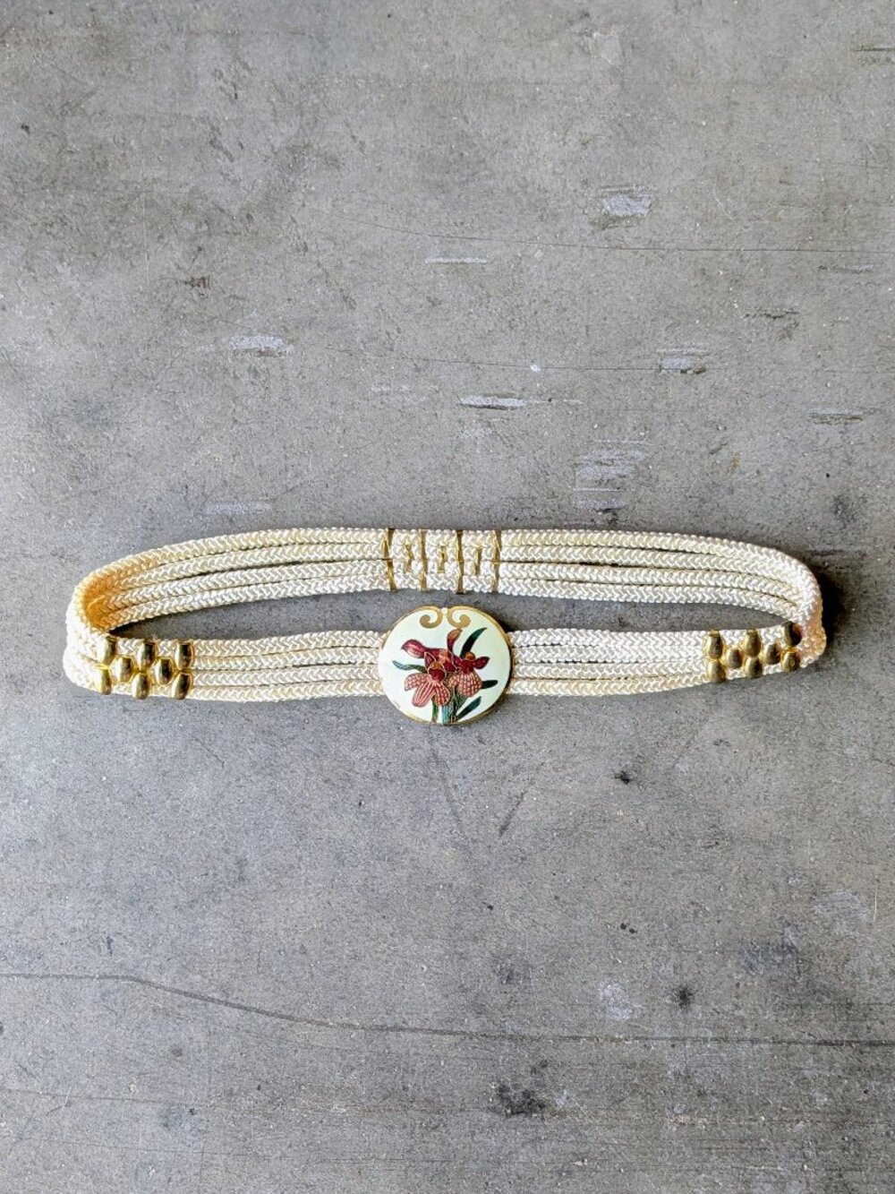 Vintage 1980s Floral Cloisonne Buckle Ivory Gold Rope Belt one size